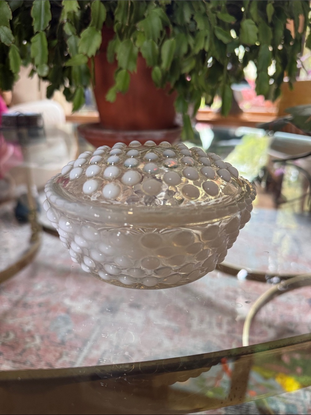 Fenton White Opalescent Hobnail Glass Covered Trinket / Powder Dish